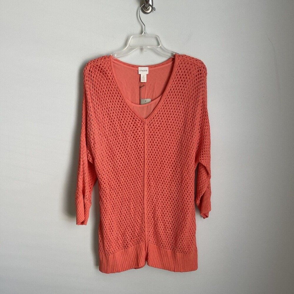 New Chicos 2 Sunrise Orange Woven Mixed Ophelia Pullover Sweater